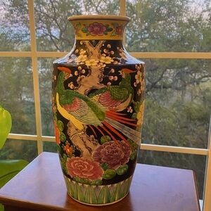 Antique Japanese Vase 12.5” Black Colorful Bird Vintage Ceramic Grandmillennial